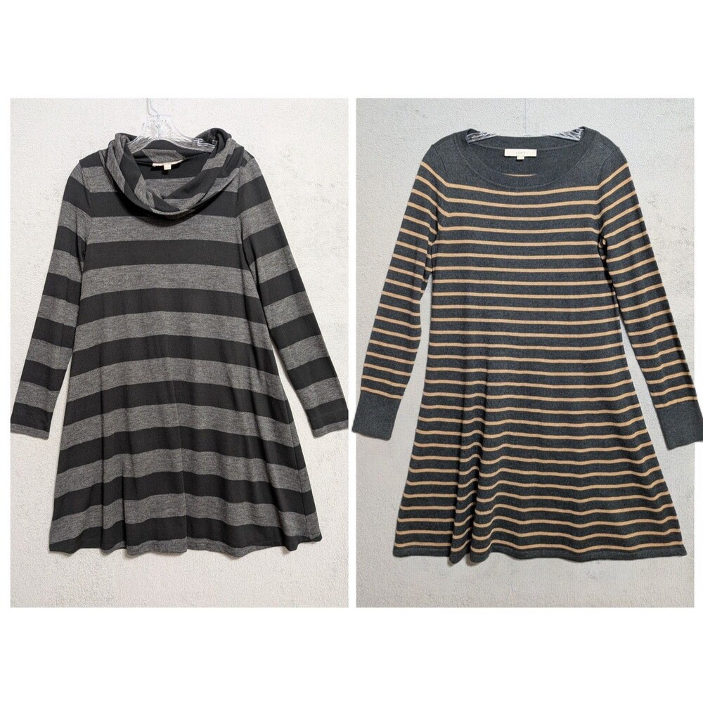 LOFT Women's Dresses - Set of 2 - Size S, Stretch Knit, Stripe -Black, Gray, Tan